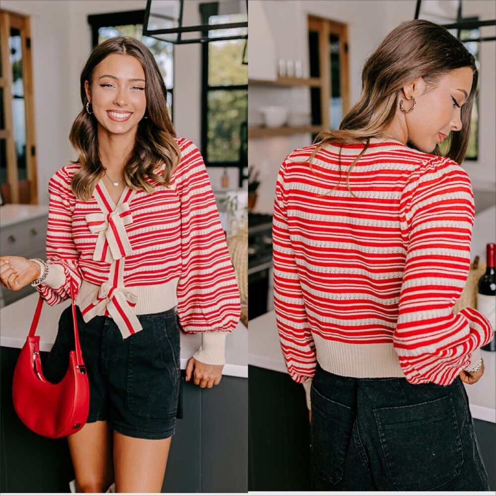 Entro Bow Sweater Top Size Small NWT Stripe Pointelle Knit Whimsical Feminine